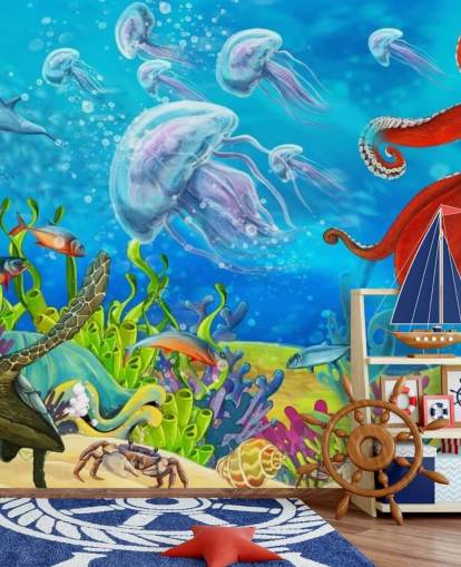 papel pintado pulpo y pescado