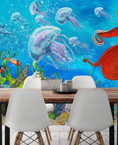 papel pintado pulpo y pescado