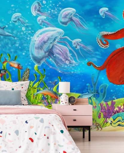 papel pintado pulpo y pescado