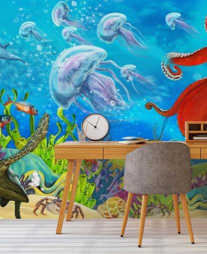 papel pintado pulpo y pescado