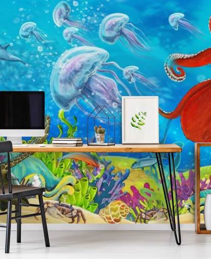 papel pintado pulpo y pescado