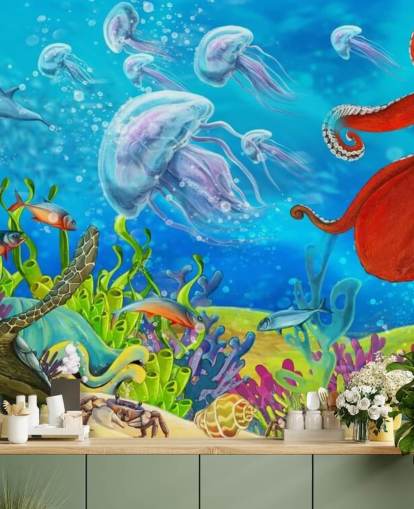 papier peint poulpe et poisson