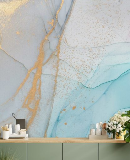 papel de parede de mármore azul claro e dourado
