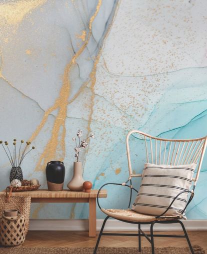 papel pintado de mármol azul claro y dorado