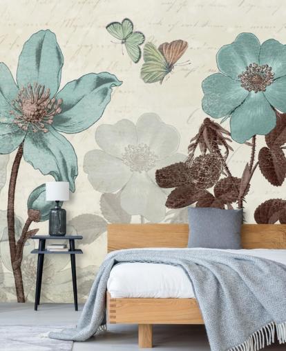 vintage blå blomster tapet