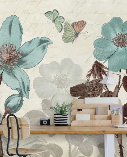 papel de parede floral azul vintage