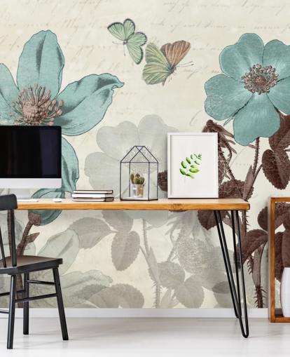 papel pintado floral azul vintage