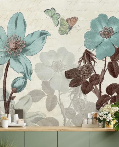 papel pintado floral azul vintage