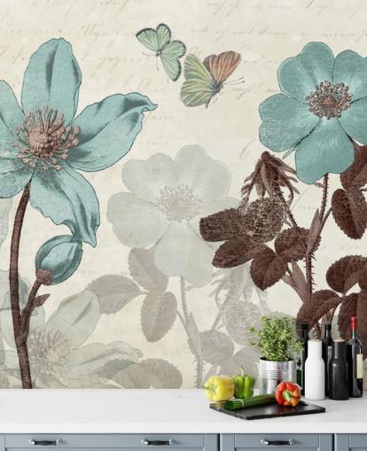 vintage blauw bloemenbehang