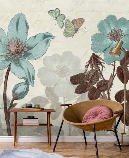 papel de parede floral azul vintage