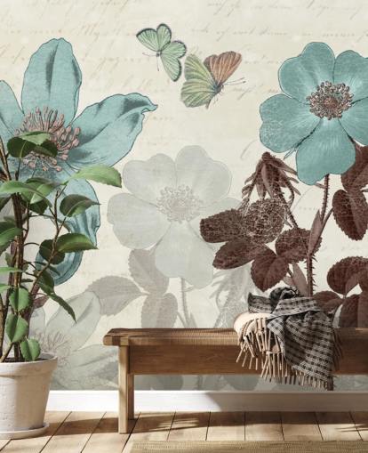 papel de parede floral azul vintage