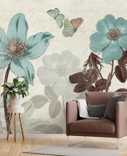 papel de parede floral azul vintage