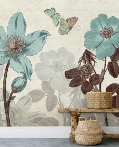 vintage blå blommig tapet