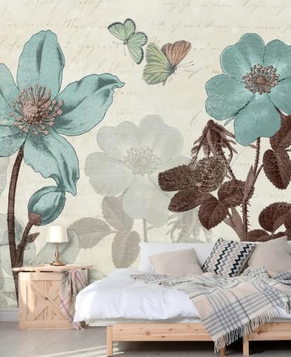 papel de parede floral azul vintage