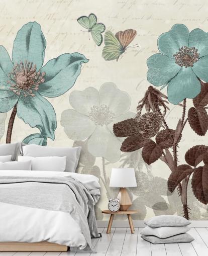 vintage blauw bloemenbehang