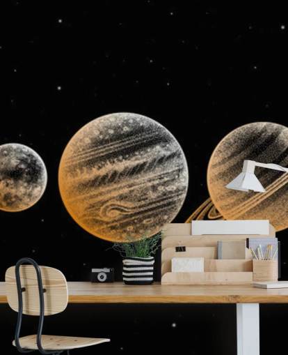 gold toned planets on black background wallpaper