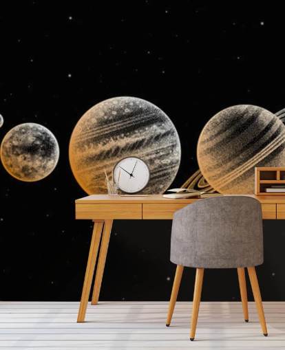 gold toned planets on black background wallpaper