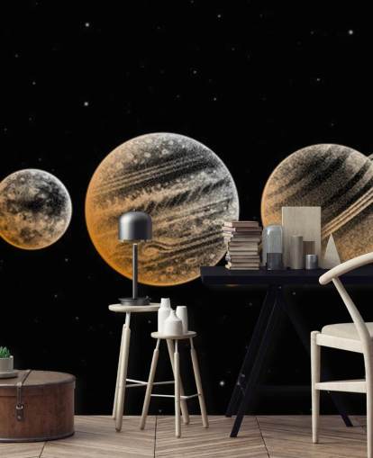 goudkleurige planeten op zwarte achtergrond behang