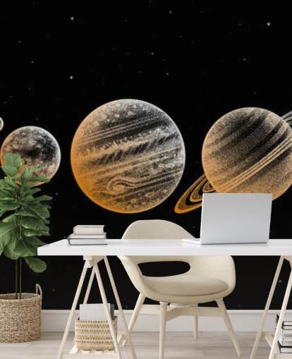 gold toned planets on black background wallpaper