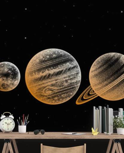 gold toned planets on black background wallpaper