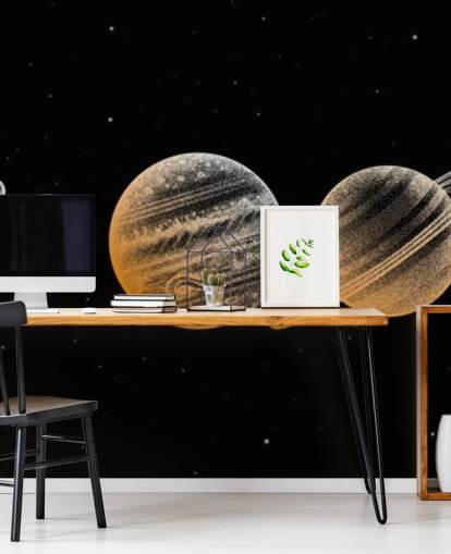 goudkleurige planeten op zwarte achtergrond behang