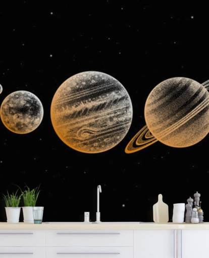 gold toned planets on black background wallpaper