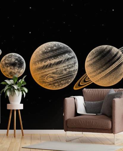 gold toned planets on black background wallpaper
