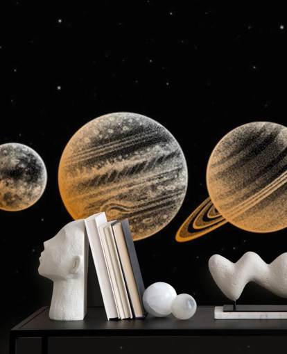 planetas em tons de ouro no papel de parede de fundo preto