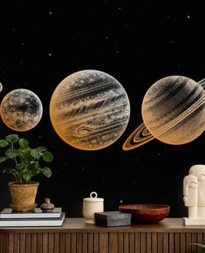 goldfarbene Planeten auf schwarzem Hintergrund-Tapete