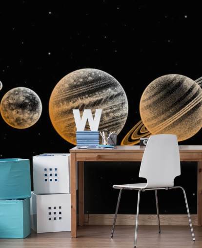 planetas em tons de ouro no papel de parede de fundo preto