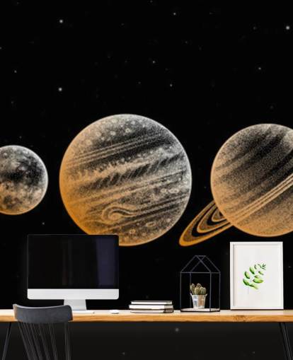 goudkleurige planeten op zwarte achtergrond behang