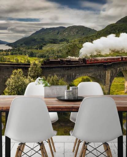 stoomtrein op viaduct behang