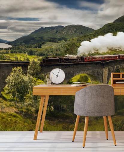 papier peint train à vapeur sur viaduc