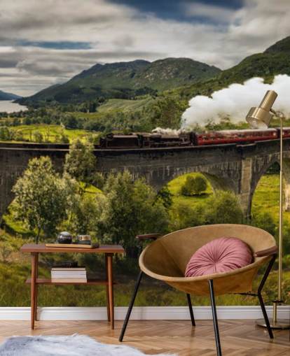 papier peint train à vapeur sur viaduc