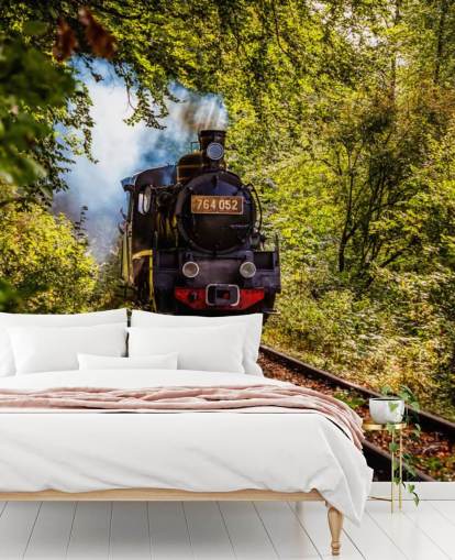 steam train going through forest wallpaper