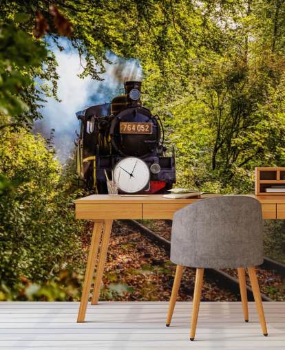 steam train going through forest wallpaper