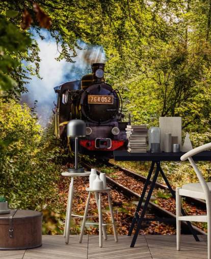 steam train going through forest wallpaper