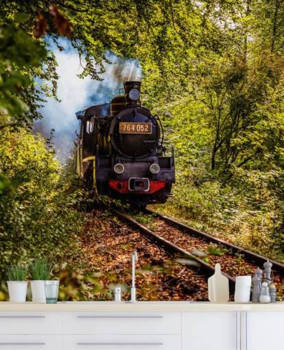 steam train going through forest wallpaper