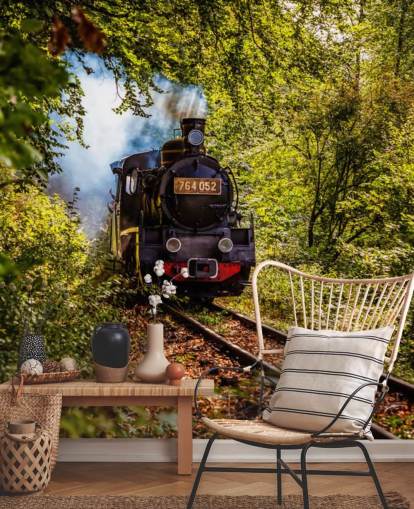 steam train going through forest wallpaper