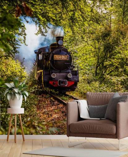 stoomtrein die door bosbehang gaat