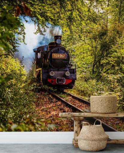 steam train going through forest wallpaper