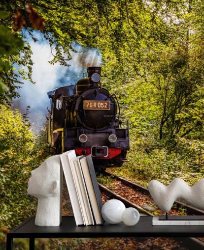 steam train going through forest wallpaper