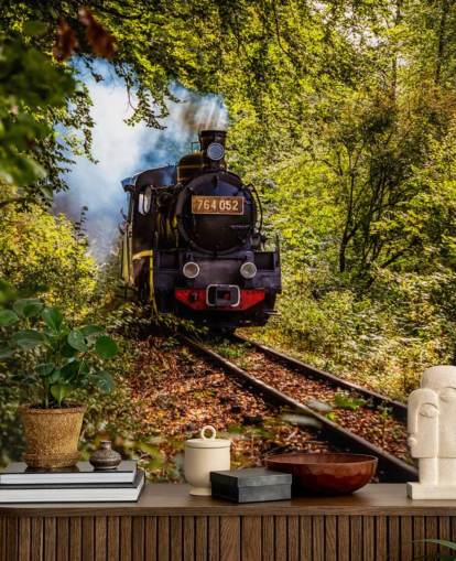 steam train going through forest wallpaper
