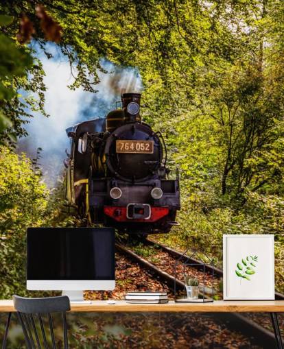 stoomtrein die door bosbehang gaat