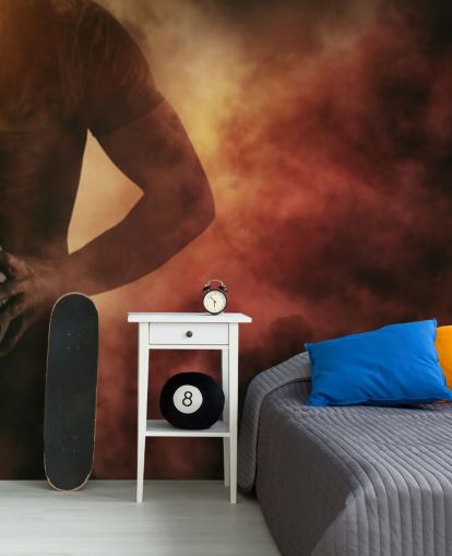 Personalisierbare Rugby-Tapete in Schwarz, Rot und Orange mit dem Titel Rugby Player für Kinderzimmer