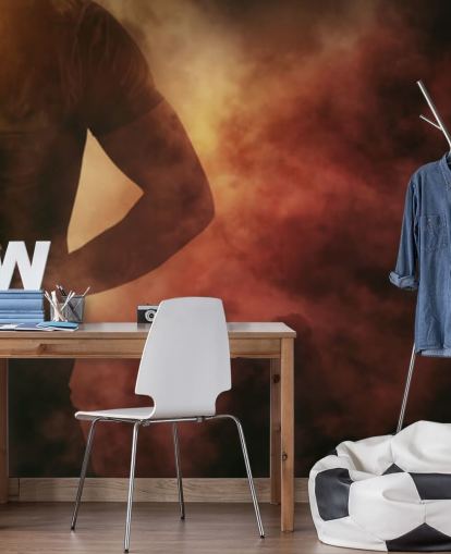 mural de papel de parede de rugby personalizável em preto, vermelho e laranja chamado Rugby Player para quartos infantis