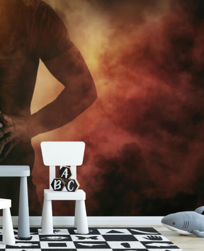 Personalisierbare Rugby-Tapete in Schwarz, Rot und Orange mit dem Titel Rugby Player für Kinderzimmer