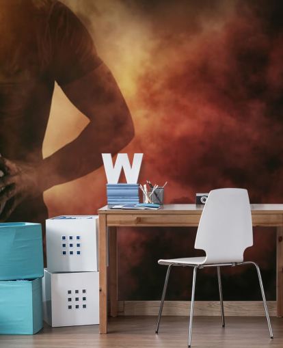 Personalisierbare Rugby-Tapete in Schwarz, Rot und Orange mit dem Titel Rugby Player für Kinderzimmer