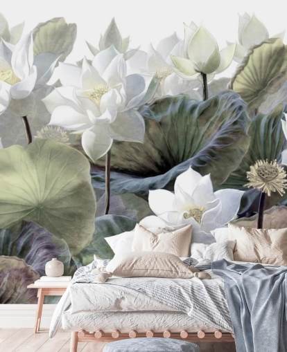 papel de parede floral de lótus e folhas