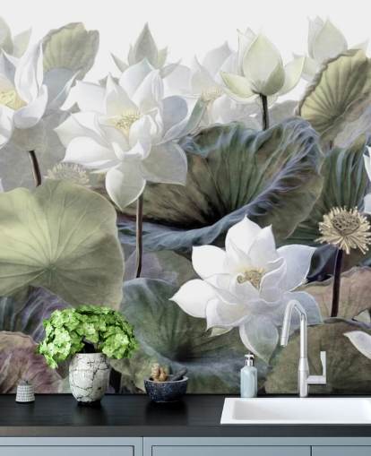 papier peint à fleurs lotus et feuilles